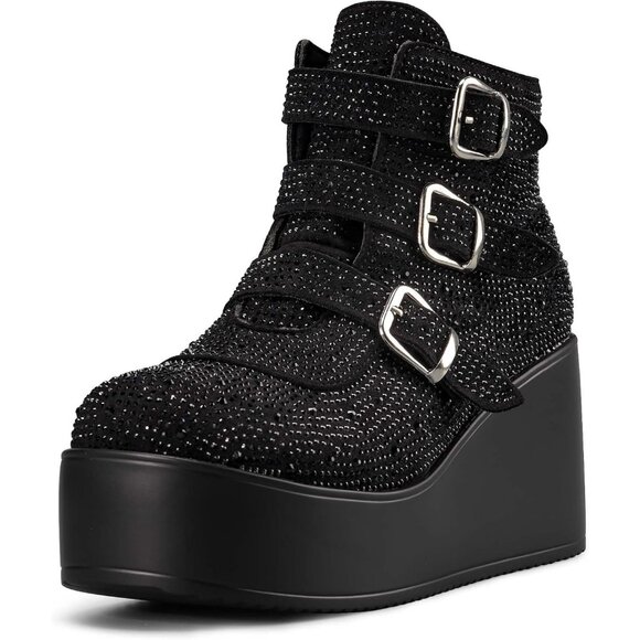 Shoes - Women Black Rhinestone Polyurethane Buckle Thick Sole Platform Ankle Boots